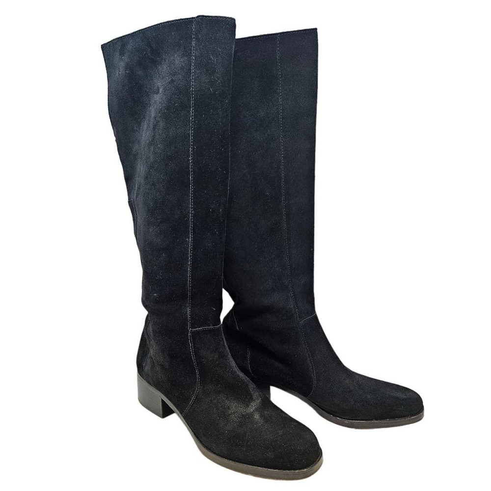 Via Spiga 10 Black Suede Leather Flat Tall Boot Zipper Calf Minimalist Classic